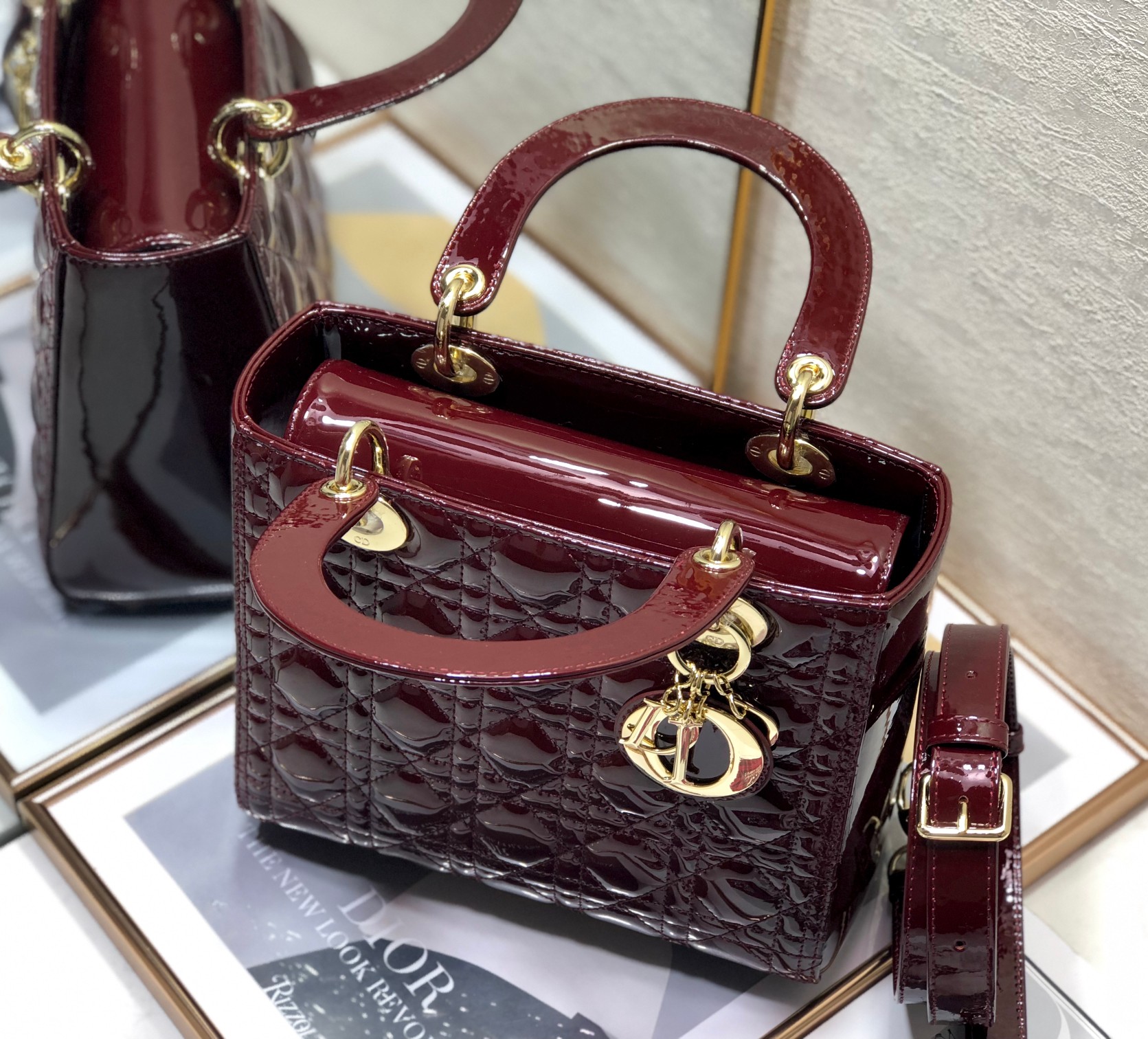 Medium Lady Dior Bag Burgundy Patent Cannage Calfskin